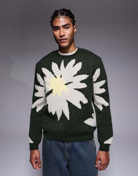 ASOS DESIGN – Relaxed-Fit-Strickpullover in Khaki mit Blumengrafik - view 1