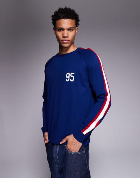 ASOS DESIGN – Relaxed-Fit-Strickpullover in Marineblau mit Rundhalsausschnitt und 95-Grafik - view 1