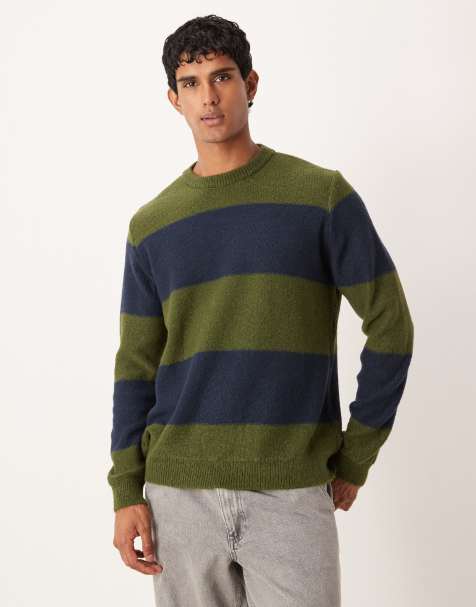 ASOS DESIGN – Relaxed-Fit-Strickpullover mit Rundhalsausschnitt und Streifen in Grün und Marineblau - view 1