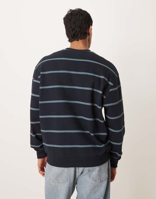 ASOS DESIGN relaxed fit stripe crew sweatshirt with text print in navy, 3 of 5