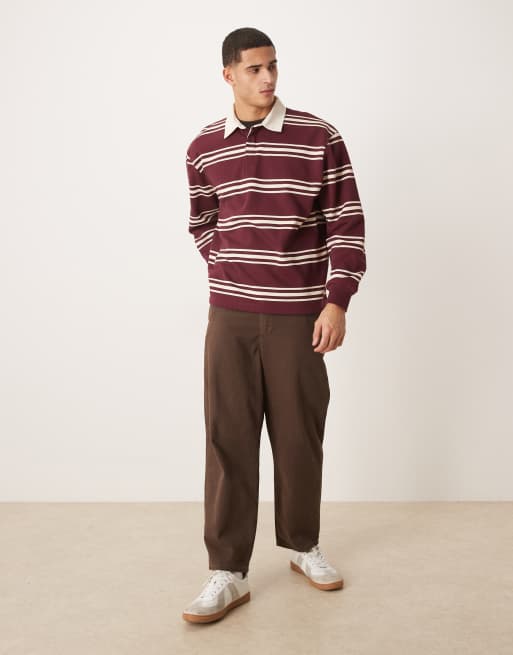 ASOS DESIGN relaxed fit stripe rugby polo with contrast collar in burgundy, 2 of 5