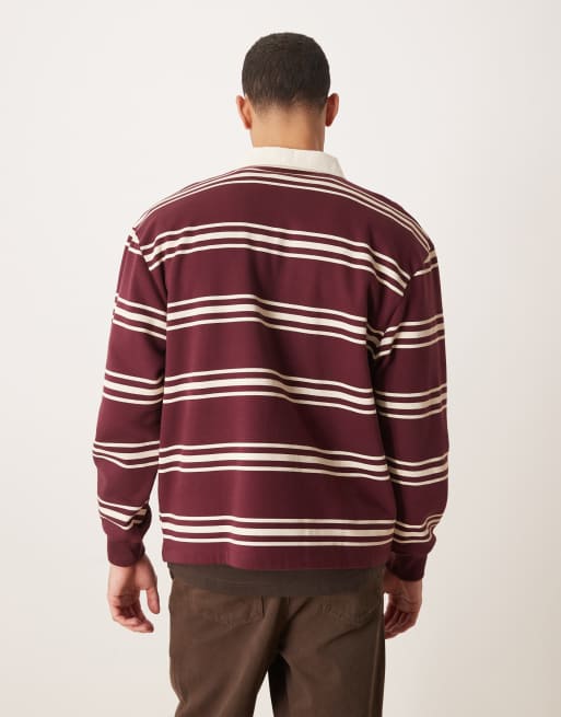 ASOS DESIGN relaxed fit stripe rugby polo with contrast collar in burgundy, 3 of 5