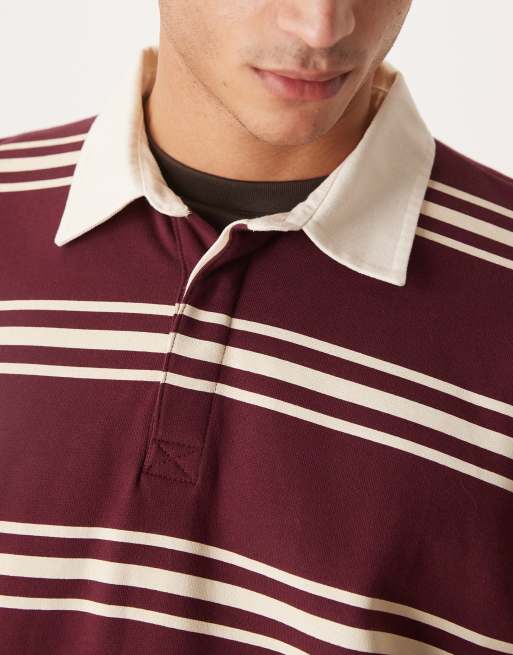 ASOS DESIGN relaxed fit stripe rugby polo with contrast collar in burgundy, 5 of 5