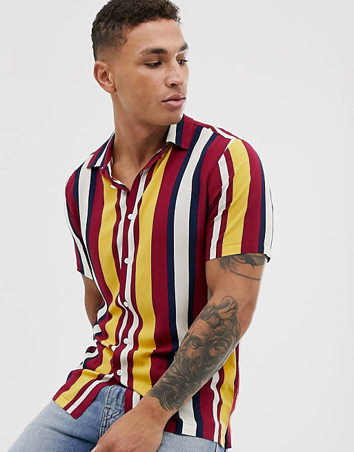 ASOS DESIGN relaxed fit stripe shirt in burgundy | ASOS
