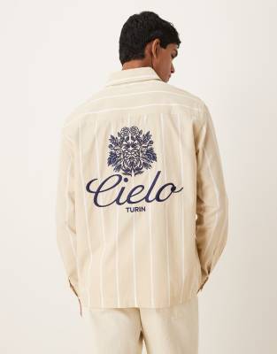 Asos Design Relaxed Fit Striped Shirt With Embroidery Detail In Neutral