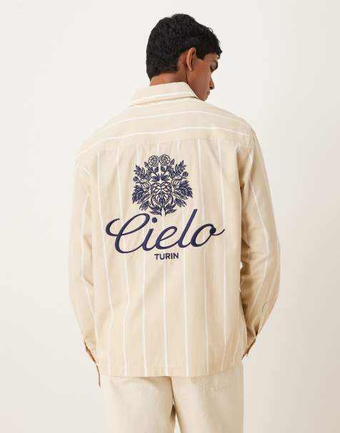 ASOS DESIGN relaxed fit striped shirt with embroidery detail in sand - view 1