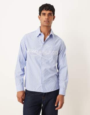 Asos Design Relaxed Fit Striped Shirt With Embroidery In Blue