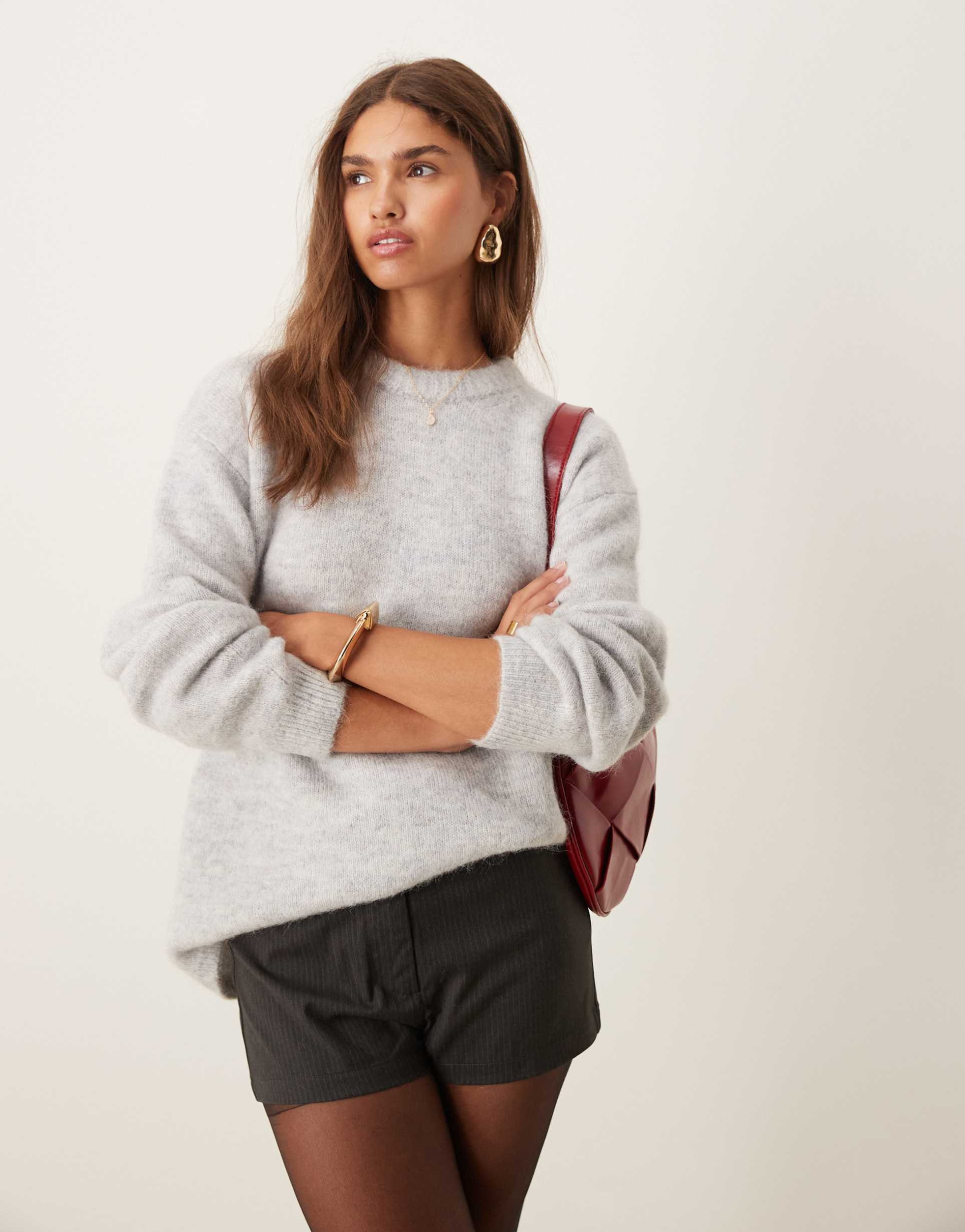 asos design relaxed fit sweater with volume sleeve in alpaca wool blend in gray
