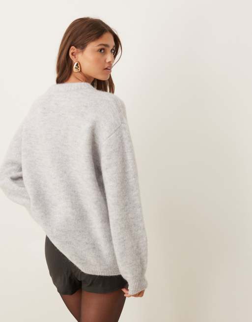 ASOS DESIGN relaxed fit sweater with volume sleeve in alpaca wool blend in gray