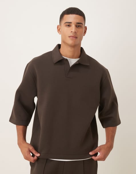 ASOS DESIGN – Relaxed-Fit-Sweatshirt aus schwerem, neoprenartigem Material in Braun mit Dreiviertelärmeln und Polokragen - view 1