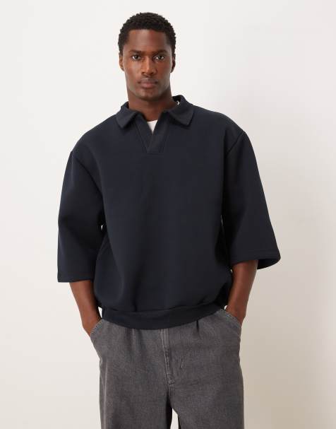 ASOS DESIGN – Relaxed-Fit-Sweatshirt aus schwerem, neoprenartigem Stoff in Marineblau mit Polokragen und Dreiviertelärmeln - view 1