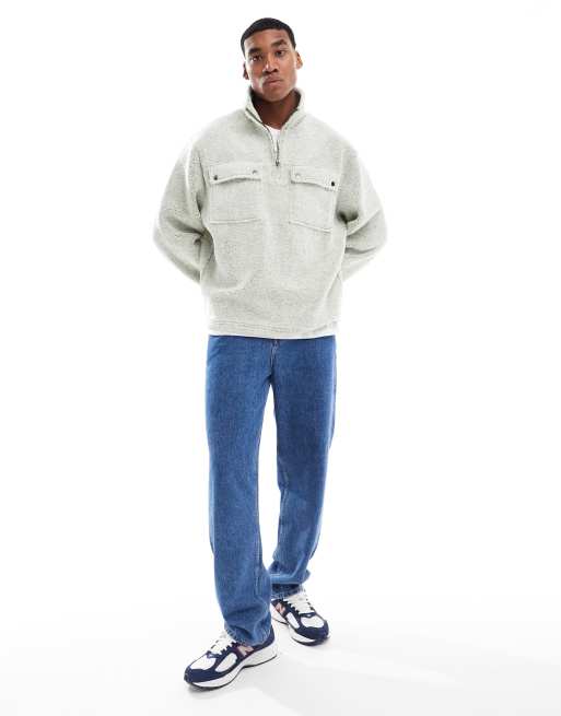 ASOS DESIGN – Relaxed-Fit-Sweatshirt in Grün aus Teddystoff mit kurzem Reißverschluss, 4 von 4