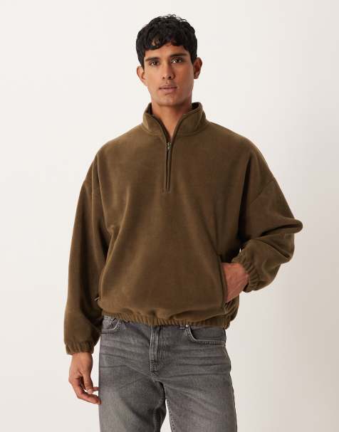 ASOS DESIGN – Relaxed Fit Sweatshirt in Khaki mit überschnittener Schulter und kurzem Reißverschluss - view 1