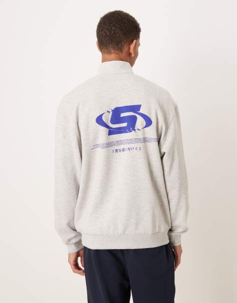 ASOS DESIGN – Relaxed-Fit-Sweatshirt in meliertem Grau mit kurzem Reißverschluss und Print - view 1
