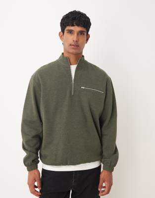 Relaxed Fit Sweatshirt in meliertem Grün mit kurzem Reißverschluss und Tasche Grün M