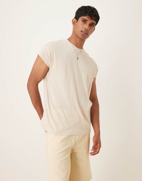 ASOS DESIGN – Relaxed-Fit-T-Shirt aus Leinenmix in Beige mit Kappärmeln - view 1