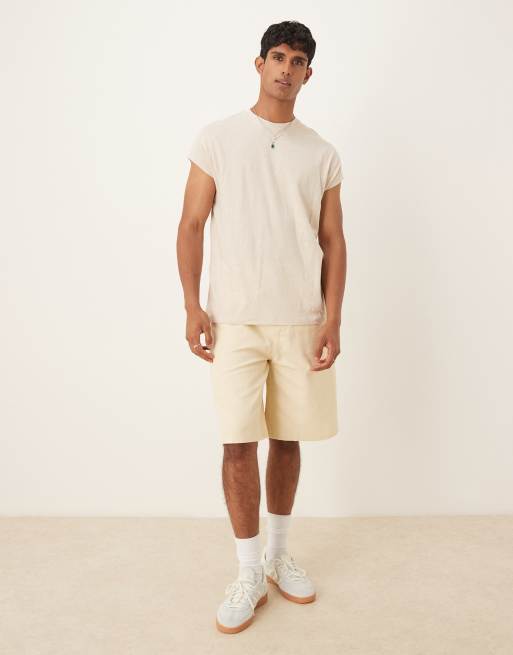 ASOS DESIGN – Relaxed-Fit-T-Shirt aus Leinenmix in Beige mit Kappärmeln  , 2 von 4