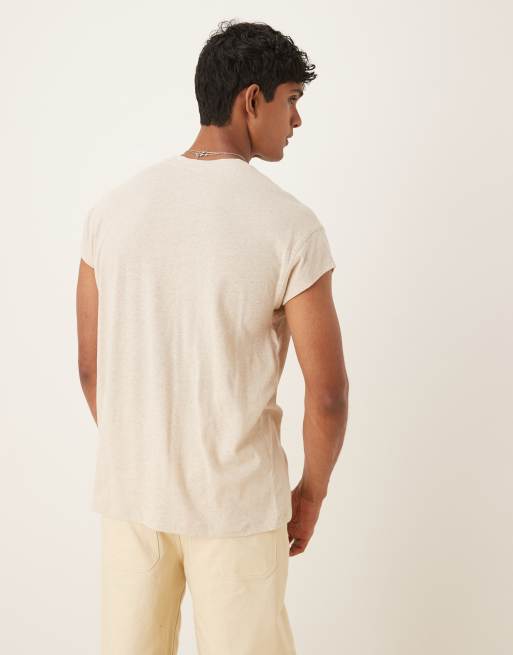 ASOS DESIGN – Relaxed-Fit-T-Shirt aus Leinenmix in Beige mit Kappärmeln  , 3 von 4