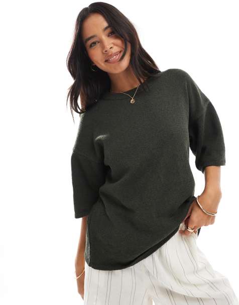 ASOS DESIGN – Relaxed Fit T-Shirt in Khaki mit Strickmuster mit feiner Noppenstruktur - view 1