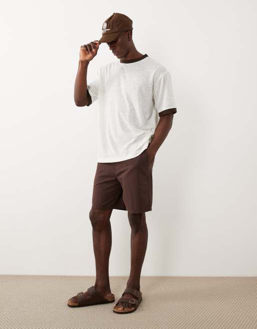 ASOS DESIGN – Relaxed-Fit-T-Shirt in Leinenoptik in Creme mit Kontrast-Einfassung, 2 von 5