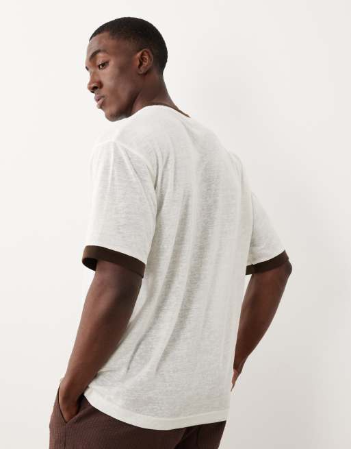 ASOS DESIGN – Relaxed-Fit-T-Shirt in Leinenoptik in Creme mit Kontrast-Einfassung, 3 von 5
