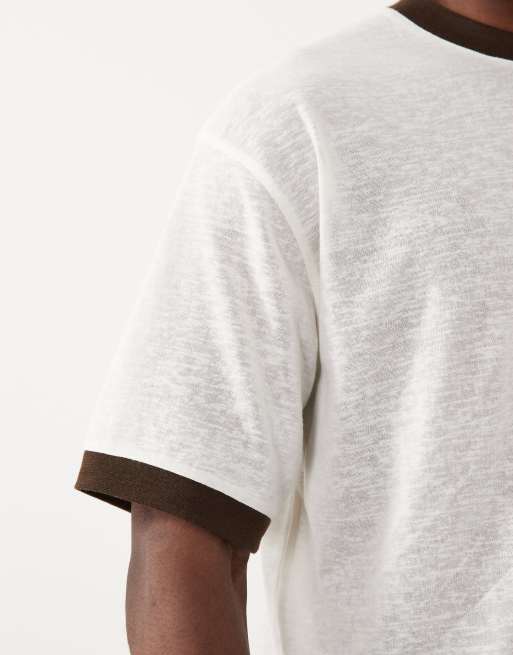 ASOS DESIGN – Relaxed-Fit-T-Shirt in Leinenoptik in Creme mit Kontrast-Einfassung, 4 von 5