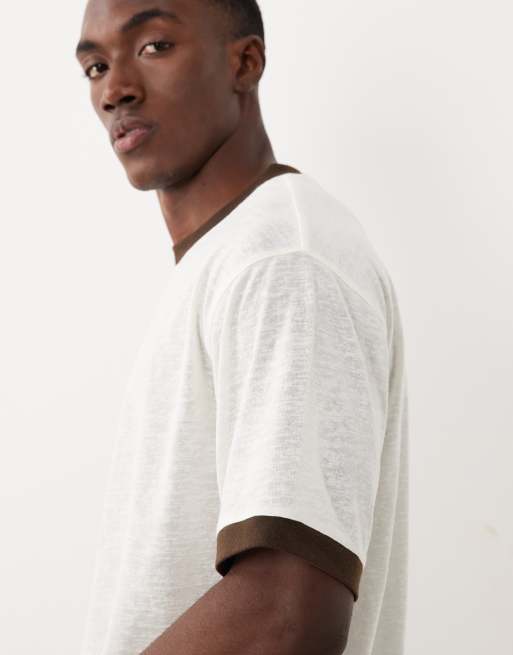 ASOS DESIGN – Relaxed-Fit-T-Shirt in Leinenoptik in Creme mit Kontrast-Einfassung, 5 von 5