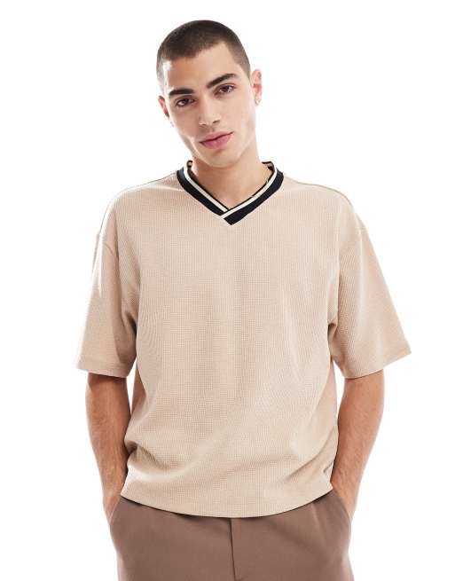 ASOS DESIGN – Relaxed Fit T-Shirt in Stein mit Waffelstruktur und sportlichem Zierstreifen