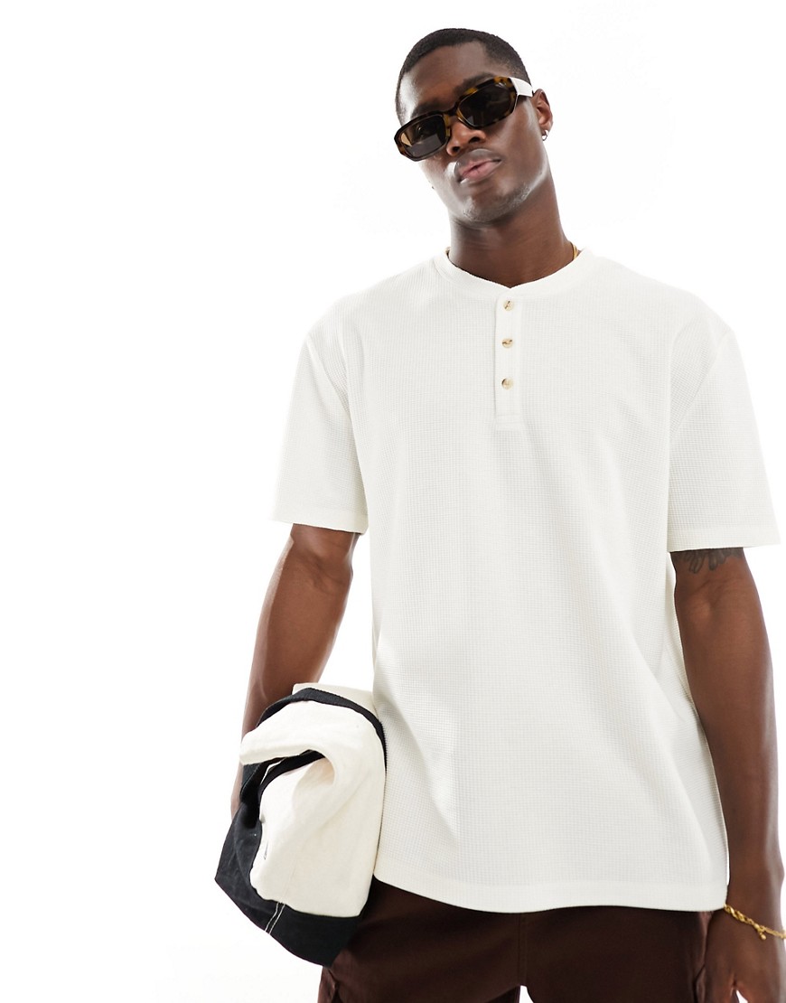 Asos Design Relaxed Fit T-shirt With Button Up Collar In Cream-white