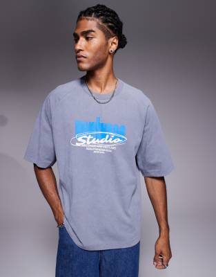ASOS DESIGN relaxed fit t-shirt with studio ventures graphic in washed grey - view 1