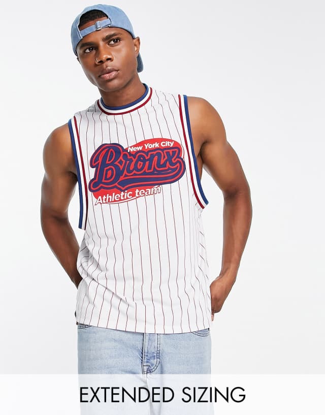 ASOS DESIGN relaxed fit tank in baseball stripe with Bronx city print