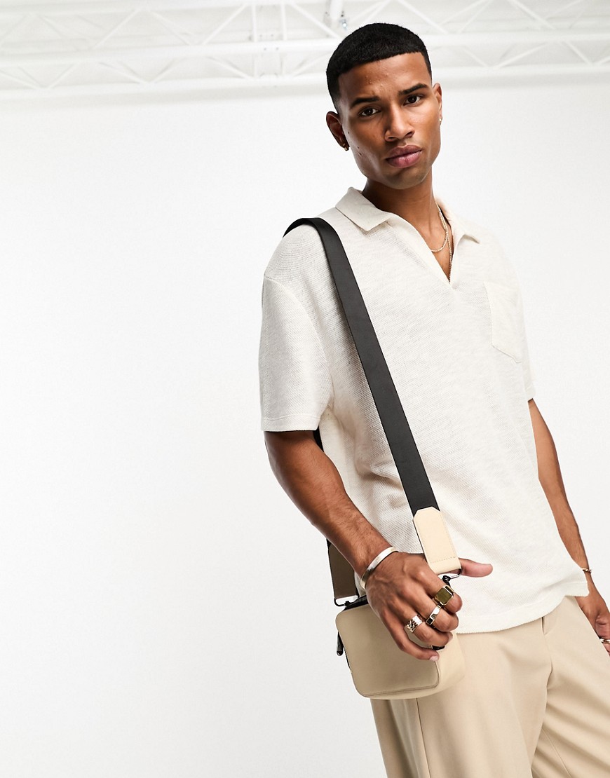 ASOS DESIGN relaxed fit textured polo in beige-Neutral