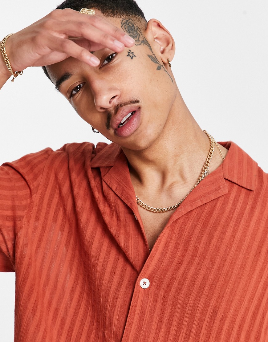 ASOS DESIGN relaxed fit textured stripe shirt with revere collar in rust-Orange