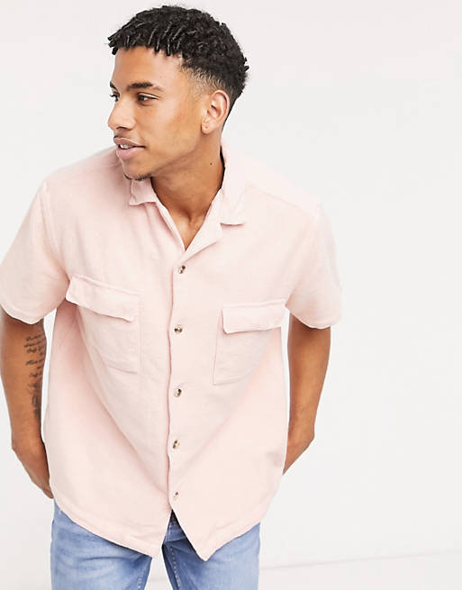 ASOS DESIGN relaxed fit towelling shirt with revere collar in pink | ASOS