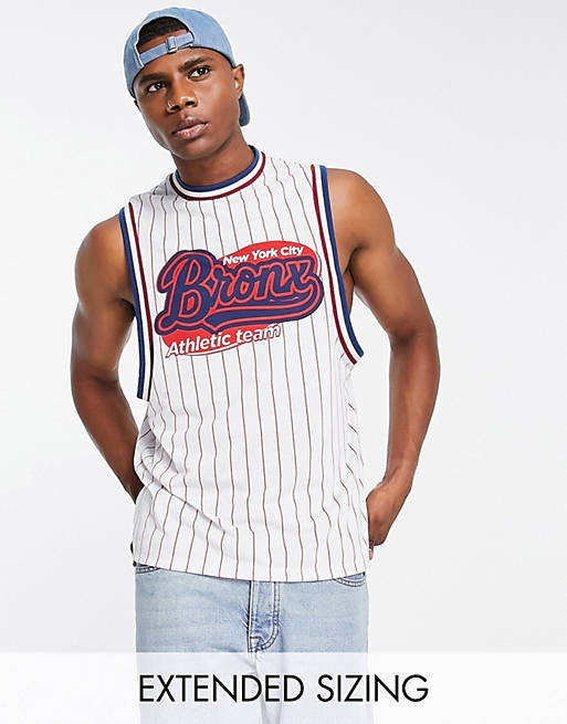 ASOS DESIGN relaxed fit vest in baseball stripe with Bronx city print 