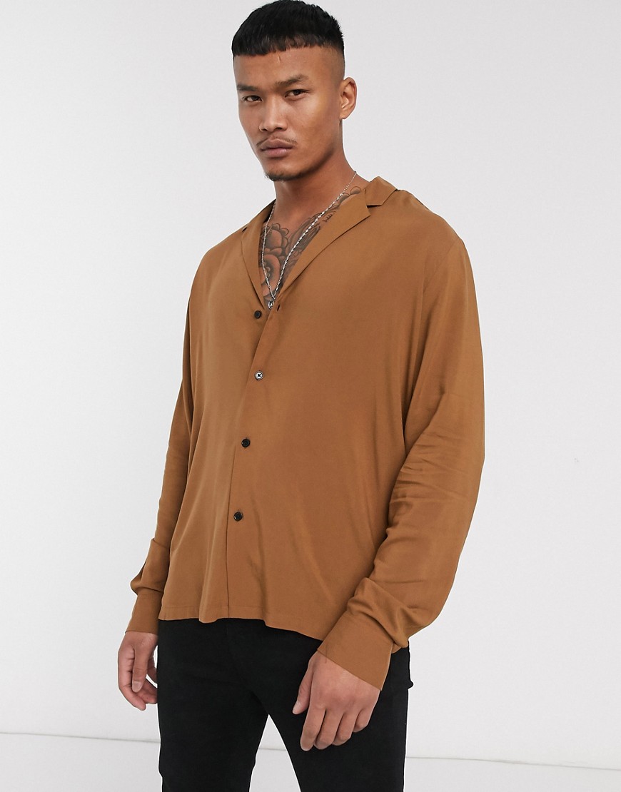 ASOS DESIGN relaxed fit viscose shirt in brown with low revere
