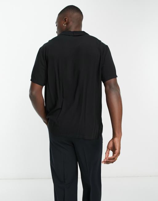 ASOS DESIGN relaxed fit viscose shirt with low revere collar in black