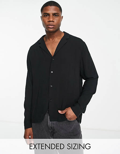 Men relaxed fit viscose shirt with low revere collar in black 