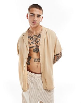 ASOS DESIGN relaxed fit viscose shirt with low revere collar in camel