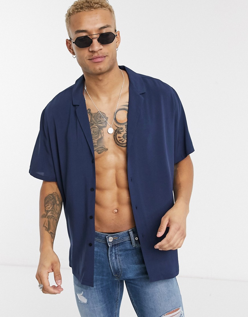 ASOS DESIGN relaxed fit viscose shirt with low revere collar in navy