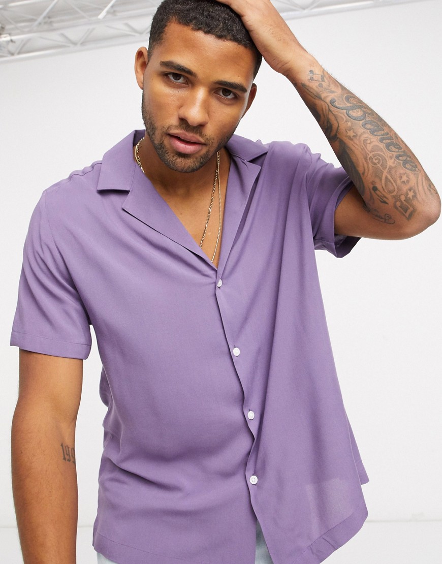 ASOS DESIGN relaxed fit viscose shirt with low revere collar in purple