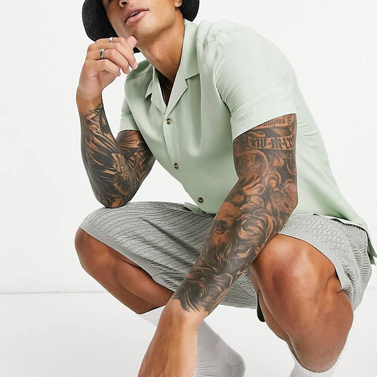 ASOS DESIGN relaxed fit viscose shirt with low revere collar in sage 