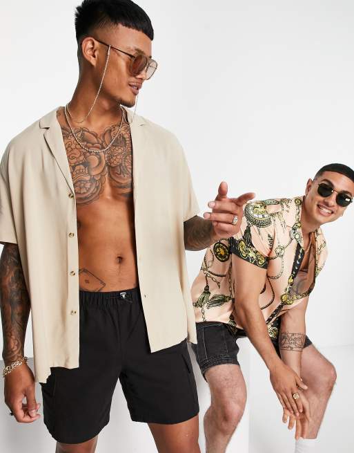 ASOS DESIGN relaxed fit viscose shirt with low revere collar in stone