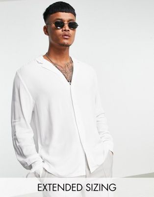 Shop Asos Design Relaxed Fit Viscose Shirt With Low Revere Collar In White
