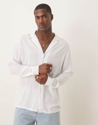 Shop Asos Design Relaxed Fit Viscose Shirt With Low Revere Collar In White