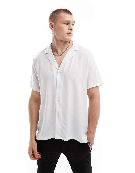 ASOS DESIGN loose fit viscose shirt with low revere collar in white