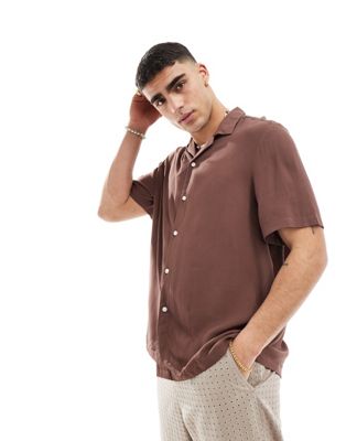 Asos Design Relaxed Fit Viscose Shirt With Revere Collar In Brown