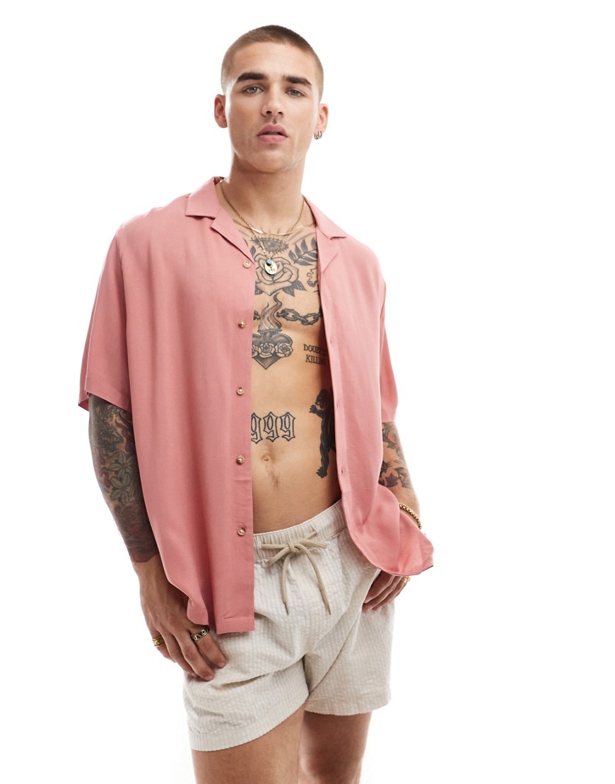 Asos Design Relaxed Fit Viscose Shirt With Revere Collar In Clay Pink