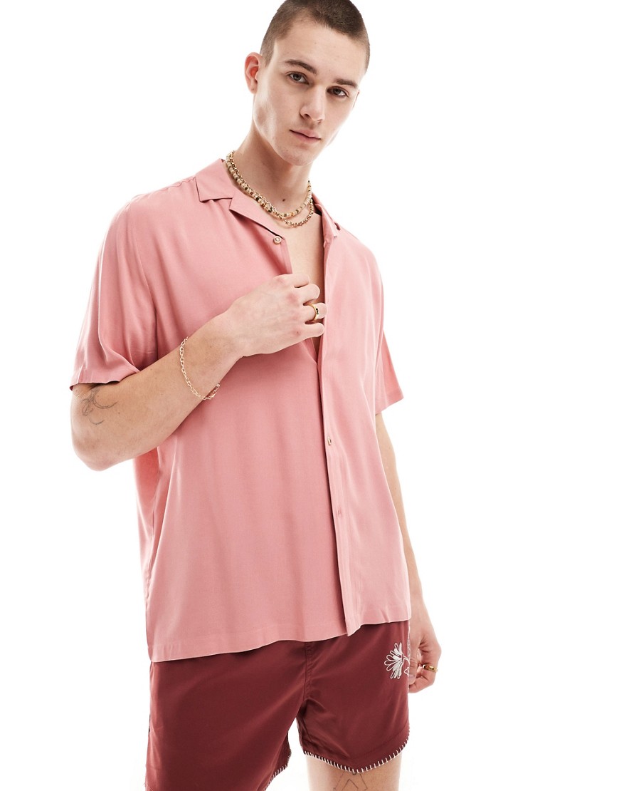 ASOS DESIGN relaxed fit viscose shirt with revere collar in clay pink