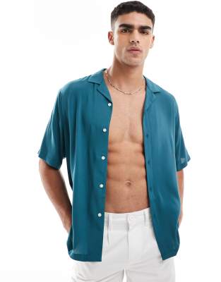 Asos Design Relaxed Fit Viscose Shirt With Revere Collar In Dark Teal-green